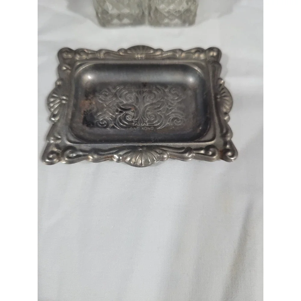 Vintage Hong Kong Glass Salt & Pepper Shakers Set w/ Ornate Silver-Plate Tray.